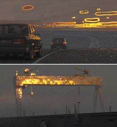 two pictures side by side, one with yellow lights and the other with black cars