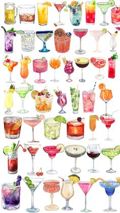 a bunch of different kinds of drinks on a white background with watercolor paint effect