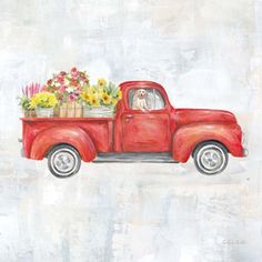 an old red truck with flowers and a dog in the back is painted on a white background