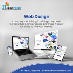 an advertisement for web design with multiple devices and laptops on the screen, all in different colors