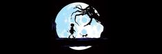 the silhouettes of two people standing in front of a full moon