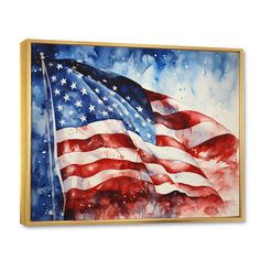 an american flag painted on a canvas with watercolor paint and gold frame, hanging on the wall