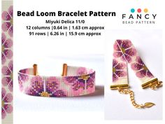 the bead loom bracelet pattern is shown in pink and white with gold accents