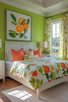 a bedroom with green walls and white bedding has orange pillows on the headboard