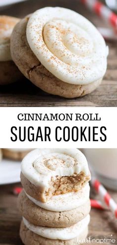 cinnamon roll sugar cookies stacked on top of each other with the title in the middle