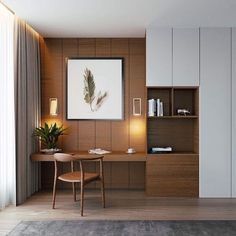 a room with a chair, desk and bookcases in front of a painting on the wall