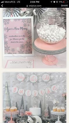 two pictures of baby shower decorations and desserts on a table with snowflakes