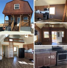 four pictures of different types of houses with wood floors and wooden walls, including a loft