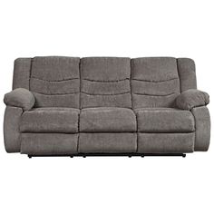 the reclining sofa is shown with two pillows and one arm rests on it's back