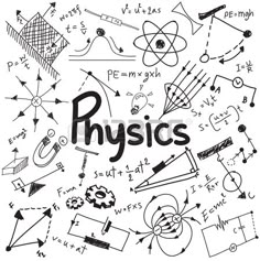 the word physics surrounded by hand drawn symbols