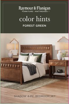 a bedroom with wood furniture and accessories in the color mints forest green is featured