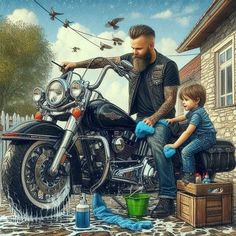 a man sitting on top of a motorcycle next to a little boy