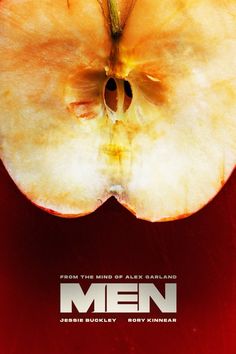 an apple cut in half with the word men underneath it