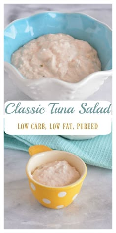 a bowl of low carb tuna salad on a table with the title text above it