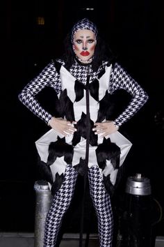 Fur and satin houndstooth patterned and shaped club kid drag fashion