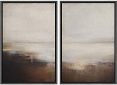 two abstract paintings with brown, white and grey colors on the same piece of art