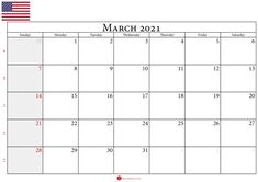 march 2011 calendar with the american flag