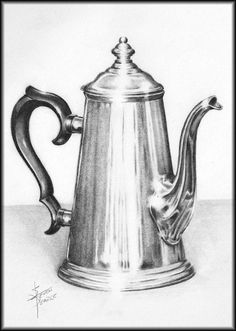 a drawing of a silver tea pot