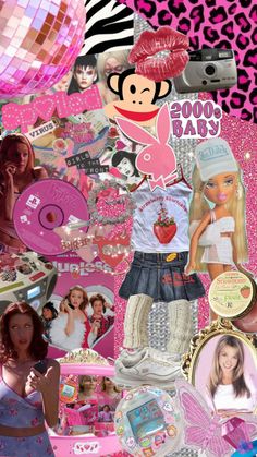 a collage of barbie dolls, photos and other items in pinks and black