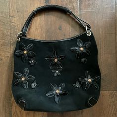 Black Suede, Pony Hair/Leather Floral/Rhinestone Appliqu Hobo Bag, Made In Italy By Castellari In Very Nice Gently Worn Condition. Some Leather Flowers Lifting At Edges, Visible In Images. Roomy, Clean Interior. Working Interior Zipper Pocket. Magnetic Top Closure. Leather Shoulder Strap. Color May Vary Based On Lighting. Measurements Are Approx And Not Exact. Please Review All Images And Ask Questions Prior To Purchase. Ee Leather Floral, Rhinestone Appliques, Leather Flowers, Pony Hair, Hobo Bag, Black Suede, Zipper Pocket, Shoulder Strap, In Italy