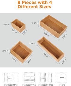 four wooden trays with different sizes and measurements for each one, including the size