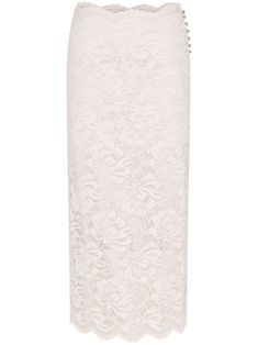 cream white stretch-design corded lace floral-lace detailing semi-sheer construction high-waisted scallop edge partial lining scallop hem mid-length side button fastening Midi Skirt White, White Midi Skirt, Lace Midi Skirt, Scallop Hem, Wedding Guest Looks, Scallop Edge, Corded Lace, Fringe Skirt, Black Midi Skirt