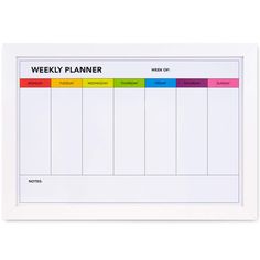 a white weekly planner with colorful lines on the top and bottom, in front of a white background