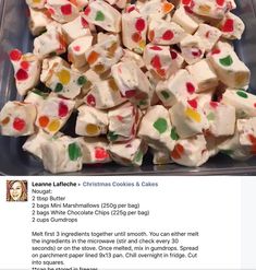 a plastic container filled with marshmallows next to a facebook post about christmas cookies and cakes