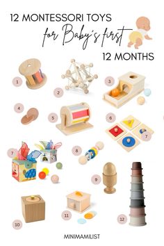 toys for baby's first month with the words, 12 monteri toys for babies