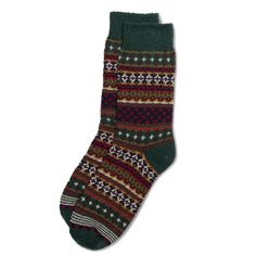 The Cotton Fair Isle Crew Sock borrows from the classic Fair Isle motif. These intarsia knit socks drew inspiration from traditional Scottish designs. An elastic-lined welt ensures this crew sock stays on the calf. The matching heel-toe is a nice touch, bookending the classic Fair Isle design on the leg and footbed. Materials: 66% recycled cotton, 18% recycled polyester, 11% nylon, 4% other, 1% spandex Made by: American Trench Made in: North Carolina, USA Specifications: medium - men's size US 4 Socks Drawing, Fair Isle Socks, Sock Drawer, Fair Isle Pattern, Heritage Fashion, Fair Isle Sweater, Timeless Accessories, Cotton Socks, Toe Designs