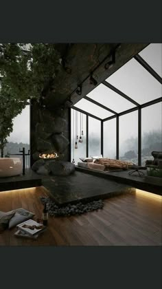 a living room filled with furniture and a fire place next to a window covered in mist