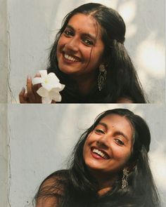 two pictures of a woman smiling and holding a flower