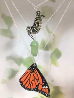 three different types of butterfly necklaces hanging from chains