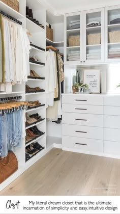 an organized closet with white cabinets and drawers