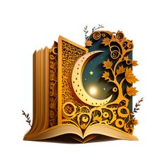 an open book with the moon and stars on it is sitting in front of a white background