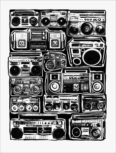 a black and white drawing of boomboxes