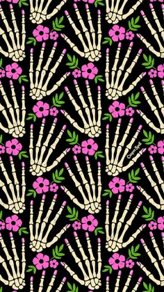 a black background with pink flowers and green leaves on the bottom right hand corner is an abstract design