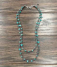 26" Long, 2-strand Tiny 4mm Navajo Pearl & Chip Stone Necklace * Natural stone may vary in size, color or shape * 2-strand (22", 26" long) necklace & 5" extender * 26 grams weight * Nickel, Lead & Chrome free Casual Chic Jewelry, Navajo Pearls Necklace, Diy Pearl Necklace, Vintage Turquoise Jewelry, Turquoise Jewelry Necklace, Navajo Pearls, Lace Bracelet, Navajo Jewelry, Gift Inspo