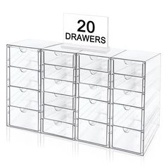 the drawers are clear and have 20 drawers on each side with black lettering that reads 20 drawers