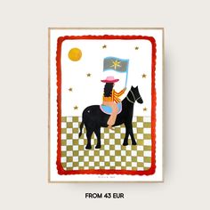 a black horse with a flag on it's back in front of a checkered background