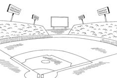 a black and white drawing of a baseball field