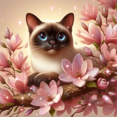 a siamese cat with blue eyes sitting on a branch surrounded by pink flowers and leaves