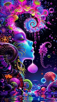 a woman's face is surrounded by colorful bubbles and other things in the water