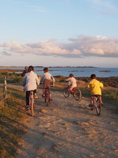 several people riding bikes on a dirt path near the water and grass, with clouds in the background