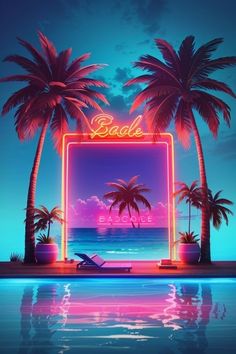 a neon sign with palm trees and the ocean in the background is lit up at night