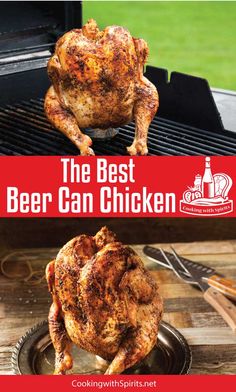 the best beer can chicken cookbook is on display in front of an open grill