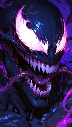 an image of a creepy monster with fangs on it's face and purple eyes