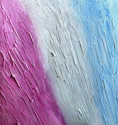 an abstract painting with blue, pink and white colors on the outside side of it