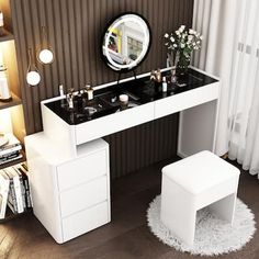 a white vanity table with two sinks and a stool in front of a mirror on the wall