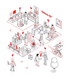 an illustration of people working in a factory with red symbols on the walls and around them